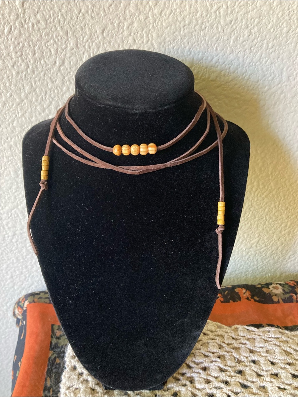 Brown Suede Wrap Choker with Wooden Beads